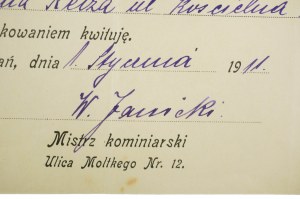 W. Janicki Schornsteinfegermeister POKWITOWANIE für 75 Feigen für die Reinigung von Schornsteinen, vom 1. Januar 1911, [AW2].