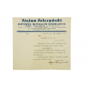 Stefan Pełczyński Hurtownia materiałów budowlanych KORESPONDENCJA z 25.IX.1937r. na druku z nagłówkiem firmowym, [AW2]