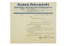 Stefan Pełczyński Hurtownia materiałów budowlanych KORESPONDENCJA z 25.IX.1937r. na druku z nagłerkiem firmowym, [AW2].