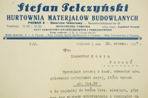 Stefan Pełczyński Hurtownia materiałów budowlanych KORESPONDENCJA z 25.IX.1937r. na druku z nagłówkiem firmowym, [AW2]