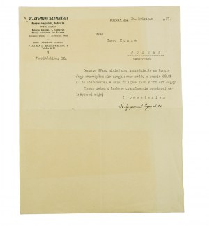 Dr. Zygmunt Szymański Parowa Cegielnia, Rudnicze, KORRESPONDENZ vom 24.IV.1937, eigenhändige Unterschrift des Besitzers, [AW2].