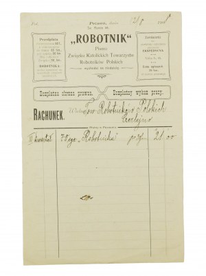 ROBOTNIK Pismo Związku Katolickich Towarzystw Robotników Polskich RACHUNEK za 70 egz. czasopisma, datowany 12.8.1908r., [AW2]