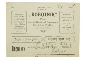 ROBOTNIK Pismo Związku Katolickich Towarzystw Robotników Polskich RACHUNEK za 70 výtisků časopisu, datováno 12.8.1908, [AW2].