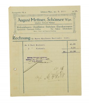 [Kowalewo Pomorskie] August Mettner Koloniálny tovar, železiarsky tovar, ÚČET z 5. júla 1912, [AW2].