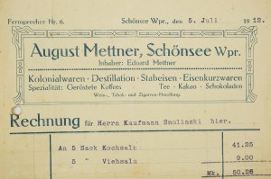 [Kowalewo Pomorskie] August Mettner Towary kolonialne, artykuły żelazne, RACHUNEK z 5 lipca 1912r., [AW2]
