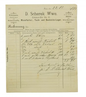 D. SCHEREK Wwe. Sklad semišových látok a kože, Poznaň, Kramarska 21, ÚČTOVNÝ LIST z 22.12.1899, [AW2].