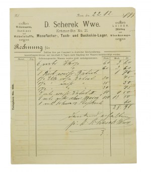 D. SCHEREK Wwe. Entrepôt de tissus de daim et de cuir, Poznań, 21 rue Kramarska, COMPTE daté du 22.12.1899, [AW2].
