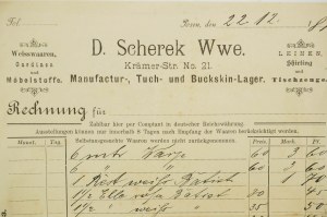 D. SCHEREK Wwe. Magazyn tkanin i skór zamszowych, Poznań ul. Kramarska 21, RACHUNEK z dnia 22.12.1899r., [AW2]