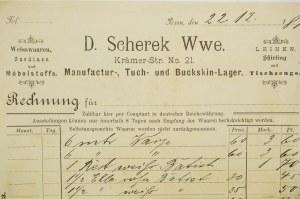 D. SCHEREK Wwe. Lagerhaus für Wildlederstoffe und Leder, Poznań, Kramarska-Straße 21, RECHNUNG vom 22.12.1899, [AW2].