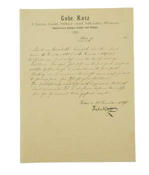 Gebr. Katz Zegarki, złoto, srebro, Poznań Friedrichstrasse [obecnie: 23 lutego], KORESPONDENCJA z 1907r., [AW2]