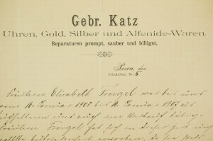 Gebr. Katz Zegarki, złoto, srebro, Poznań Friedrichstrasse [obecnie: 23 lutego], KORESPONDENCJA z 1907r., [AW2]