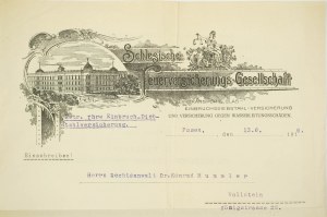 Compagnia di assicurazioni della Slesia, CORRISPONDENZA su stampa con grafica raffigurante edifici, datata 13.6.1916, [AW2].