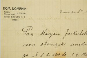 Dominion of DOMANIN, Work swaddle for economic officer dated August 10, 1917, autograph of estate owner Wlodzimerz Krzywoszynski, [AW2].