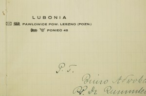 Tenuta LUBONIA, Pawłowice, distretto di Leszno, CORRISPONDENZA del 25.10.1929, [AW2].