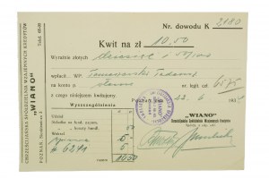 WIANO Chrześcijańska Spółdzielnia Wzajemnych Kredytów, Poznań ul. Sienkiewicza 3, KWIT na 10,50zł, datowany 22.6.1934r., [AW2]