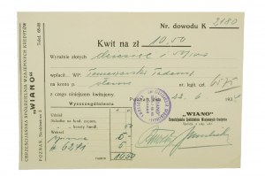 WIANO Chrześcijańska Spółdzielnia Wzajemnych Kredytów, Poznań ul. Sienkiewicza 3, potvrdenka na 10,50 PLN, z 22.6.1934, [AW2].