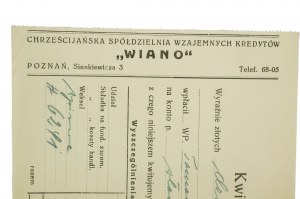 WIANO Chrześcijańska Spółdzielnia Wzajemnych Kredytów, Poznań ul. Sienkiewicza 3, potvrdenka na 10,50 PLN, z 22.6.1934, [AW2].