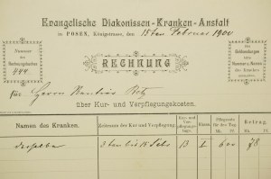 Evangelische Diakonissen Kranken Anstalt [Evangelische Diakonissen Kranken Anstalt], FACTURE pour les frais de traitement et de pension, datée du 15 février 1900, [AW2].