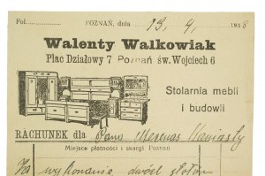 Walenty Walkowiak Nábytek a stavební truhlářství, Poznaň, St. Wojciech 6, FAKTURA za zhotovení 2 stolů, datováno 13.4.1933, [AW2].