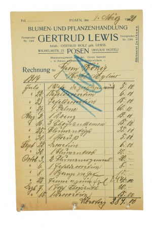 Obchod s kvetmi a rastlinami Gertrud Lewis, Poznaň, FAKTÚRA za kvety dodané od júla do decembra 1919, z 9. marca 1920, [AW2].