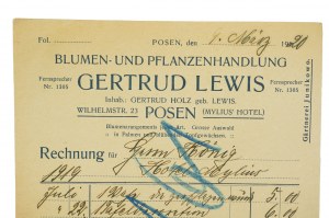 Sklep z kwiatami i roślnami Gertrud Lewis, Poznań, RACHUNEK za dostarczone w okresie lipiec-grudzień 1919r. kwiaty, datowany 9 marzec 1920r., [AW2]