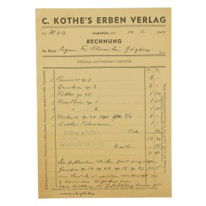 [Głubczyce] C. KOTHE'S ERBEN Verlag / Wydawnictwo, RACHUNEK z dnia 14.2.1944r. [AW2]