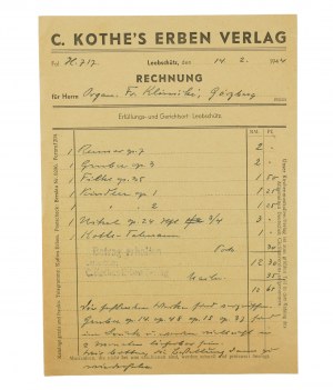 [Głubczyce] C. KOTHE'S ERBEN Verlag / Wydawnictwo, RACHUNEK z dnia 14.2.1944r. [AW2]