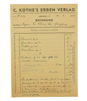 [Glubczyce] C. KOTHE'S ERBEN Verlag / Publisher, ACCOUNT dated 14.2.1944. [AW2]