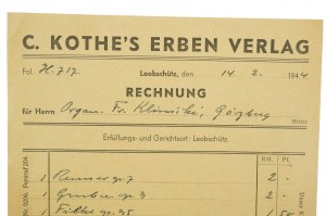 (Glubczyce) C. KOTHE'S ERBEN Verlag / Publisher, RECHNUNG vom 14.2.1944. [AW2]