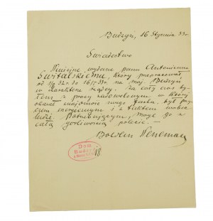 Majątek BUDZYŃ Świadectwo dla rządcy, datowane 16 stycznia 1933r., autograf właściciela majątku Bohdana Nenemana, [AW2]