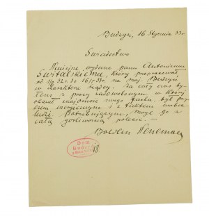 Domaine de BUDZYŃ Certificat pour le gouvernement, daté du 16 janvier 1933, autographe du propriétaire du domaine Bohdan Neneman, [AW2].