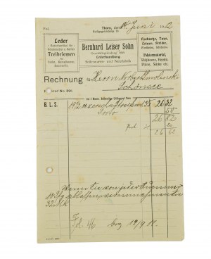 Bernhard Leiser Sohn Továreň na kožené výrobky, laná a siete, Toruň, ÚČTOVNÝ LIST zo 14.VI.1912, [AW2].