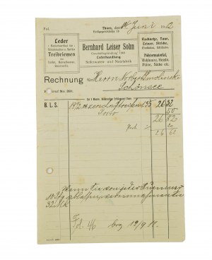 Bernhard Leiser Sohn Wyroby ze skóry, fabryka lin i siatek, Torun, RACHUNEK z dnia 14.VI.1912r., [AW2]