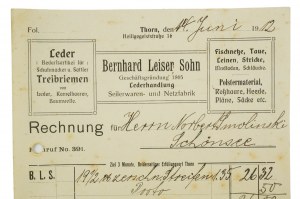 Bernhard Leiser Sohn Lederwaren-, Seil- und Netzfabrik, Torun, RECHNUNG vom 14.VI.1912, [AW2].