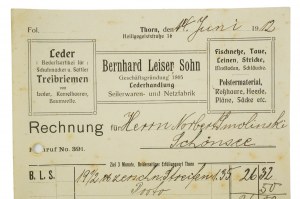 Bernhard Leiser Sohn Maroquinerie, fabrique de cordes et de filets, Torun, COMPTE daté du 14.VI.1912, [AW2].