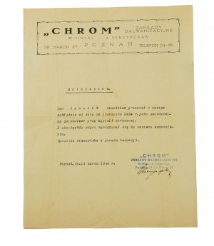 CHROM Zakłady galwanizacyjne W. Piński - A. Skrzypczak, Poznań św. Marcin 27, CERTIFICATE for an electroplater, [AW2].