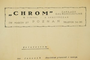 CHROM Zakłady galwanizacyjne W. Piński - A. Skrzypczak, Poznań św. Marcin 27, CERTIFIKÁT pre elektrotechnika, [AW2].