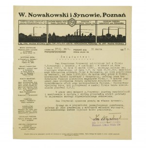 W. Nowakowski a synové, Poznaň, CERTIFIKÁT ze dne 31. března 1938 na tiskovém papíře s hlavičkou firmy a rytinou