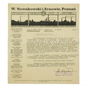 W. Nowakowski i Synowie, Poznań, ŚWIADECTWO z dnia 31 marca 1938r. na druku z nagłówkiem firmowym i grafiką
