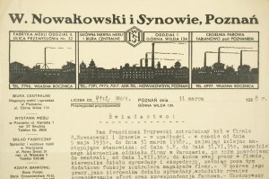 W. Nowakowski a synovia, Poznaň, CERTIFIKÁT z 31. marca 1938 na firemnom hlavičkovom papieri s rytinou
