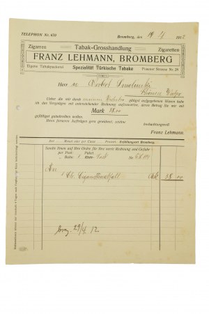 [Bydgoszcz] Franz Lehmann, Bromberg Spezialitat Turkische Tabake, ACCOUNT dated 19.4.1912. [AW2]