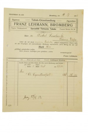 [Bydgoszcz] Franz Lehmann, Bromberg Spezialitat Turkische Tabake, COMPTE daté du 19.4.1912. [AW2]