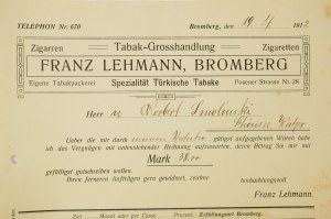 [Bydgoszcz] Franz Lehmann, Bromberg Spezialitat Turkische Tabake, RACHUNEK z dnia 19.4.1912r. [AW2]