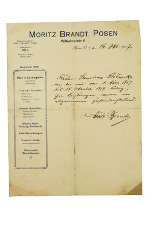 Moritz Brandt, Posen Wilhelmplatz 8, CERTIFICATO autografo del proprietario, datato 16.10.1917, [AW2].
