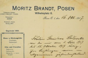 Moritz Brandt, Posen Wilhelmplatz 8, ŚWIADECTWO z autografem właściciela , datowane 16.10.1917r., [AW2]