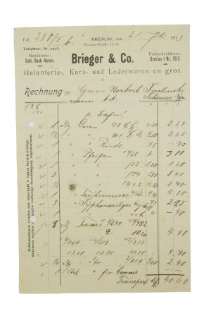 [Breslau] BRIEGER & Co. Galanterie-, Kurz- und Laderwaren en gros., ACCOUNT dated 21.7.1913, [AW2].