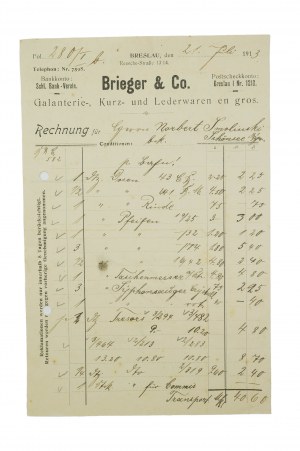 [Wrocław] BRIEGER & Co. Galanterie-, Kurz- und Laderwaren en gros., RACHUNEK datowany 21.7.1913r., [AW2]