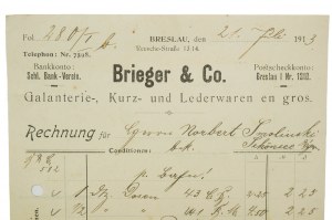 [Wrocław] BRIEGER & Co. Galanterie-, Kurz- und Laderwaren en gros., ÚČTOVNÝ LIST z 21.7.1913, [AW2].