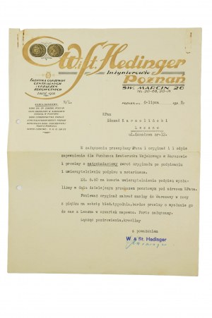 W. und St. Hedinger Ingenieure, Poznań św. Marcin 26 Zentralheizungs- und Gesundheitsfabrik, KORRESPONDENZ vom 6. Juli 1938, [AW2].