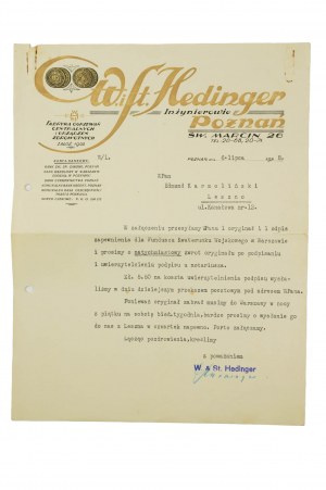 W. and St. Hedinger Engineers, Poznań St. Martin 26 Central Heating and Health Factory, CORRESPONDENCE dated July 6, 1938, [AW2].